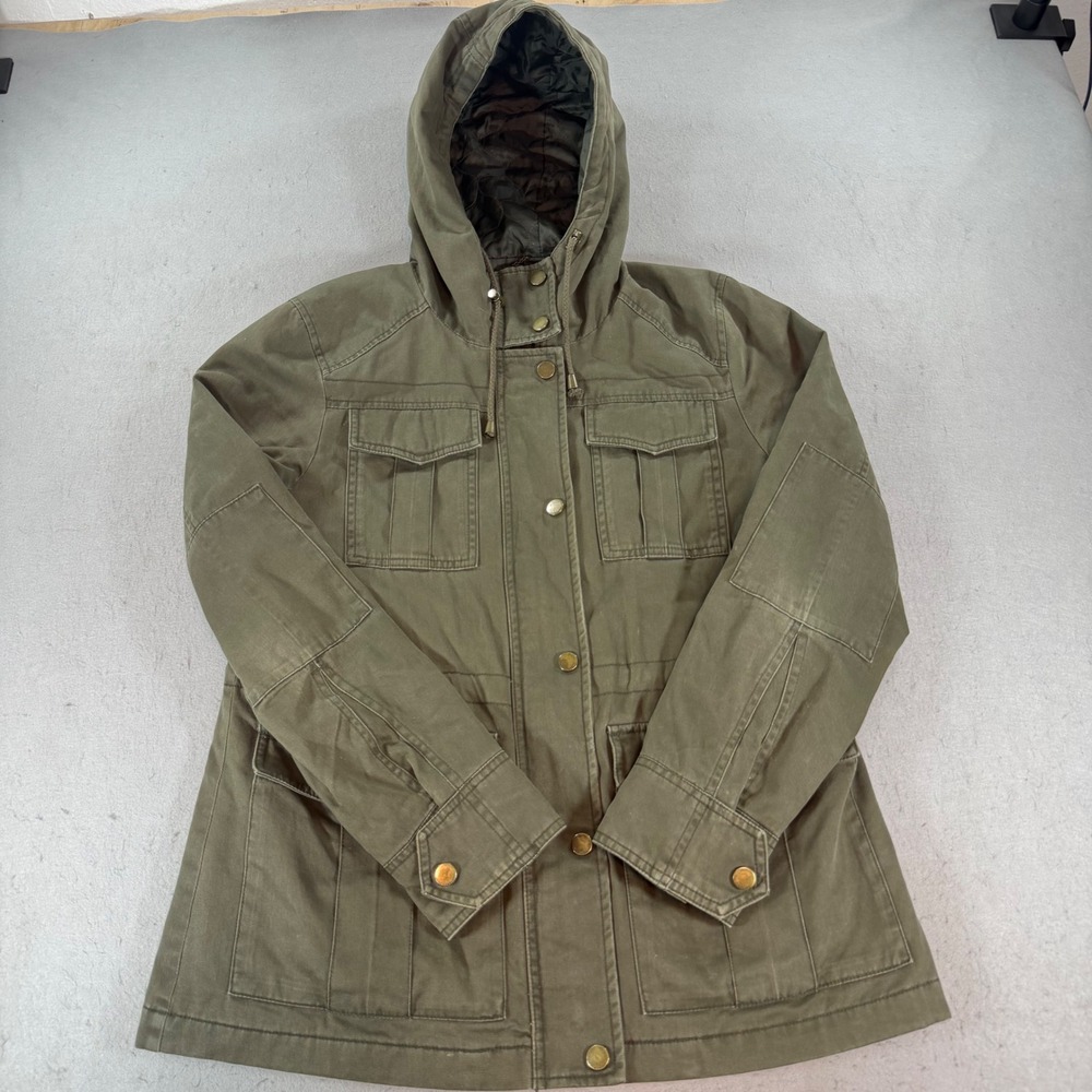 Lucky Brand Womens M Olive Utility Anorak Jacket Hooded Quilted Lined